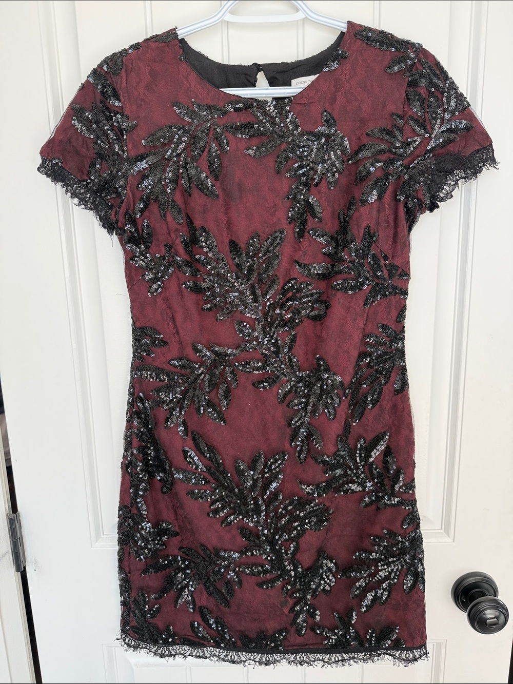 Dress the Population Burgundy Mini Dress with Black Sequin Leaf Appliqué